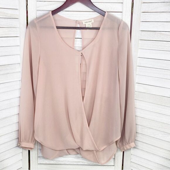Sans Souci Sheer Split Front Surplus Blouse Blush Pink Small - Picture 8 of 13